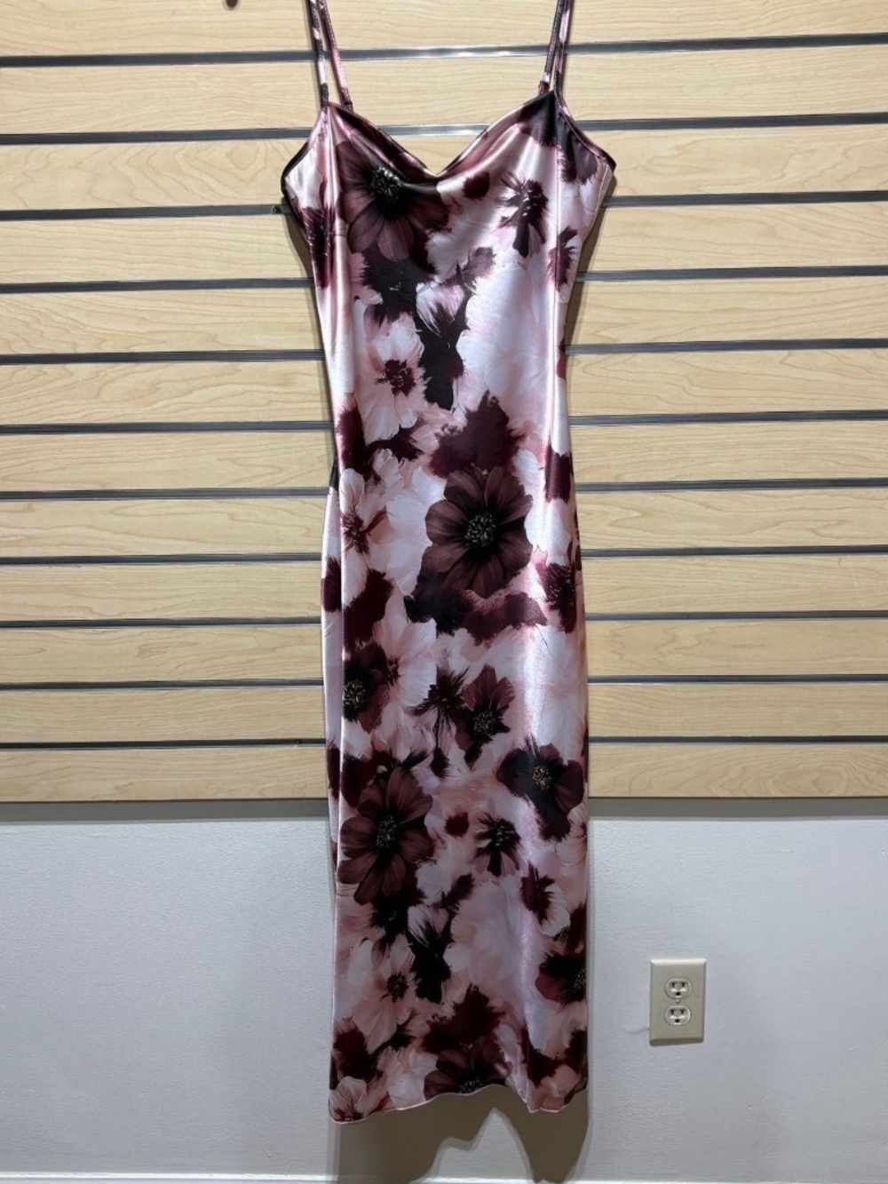 Bebe NWT Satin Floral Slip Midi Dress Blush Pink & Burgundy Cowl Neck